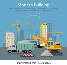 Modern building conceptual web banner. Flat style vector. Excavator and tipper working in construction site, buildings and cranes on background. For building, engineering company landing page design