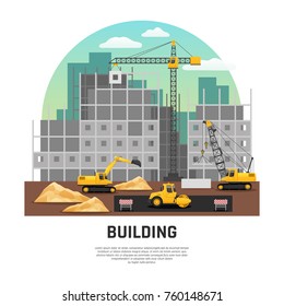 Modern building construction site with cranes and excavator machinery at work flat half-rond composition vector illustration 