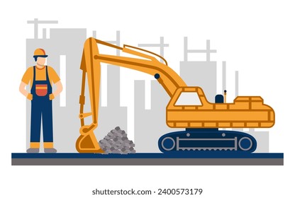 Modern building and building construction workers flat design vector