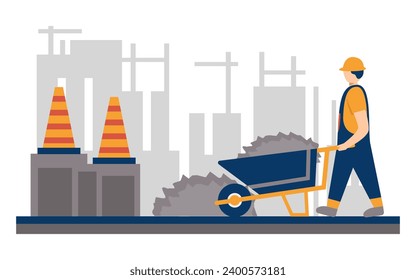 Modern building and building construction workers flat design vector