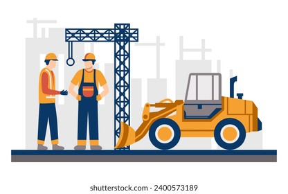 Modern building and building construction workers flat design vector