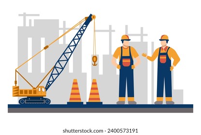 Modern building and building construction workers flat design vector