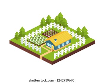 Modern building, country garden house with farm plot surrounded by fence, plantings. Eco farm with trees, landscape. Country real estate, agriculture, private house. Isometric vector.