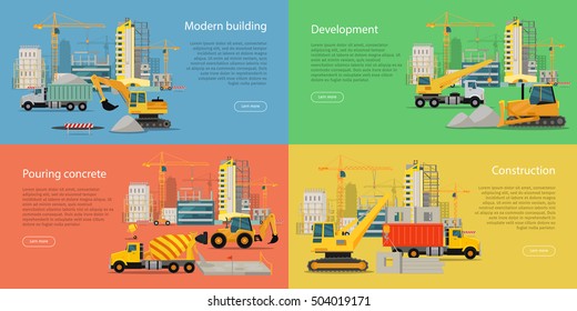 Modern building, development, pouring concrete, construction vector web banners. Different construction machines working on building site, uncompleted buildings and cranes behind on color backgrounds