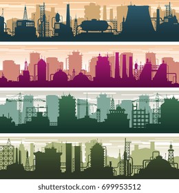 Modern building of gas and oil station, power plant and factory silhouettes. Industry landscapes vector set. Factory power building, industry plant station illustration