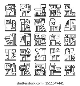 modern building and house, modern architecture design line icons