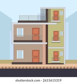 Modern building house front view property for living space, detail building architecture vector illustration.