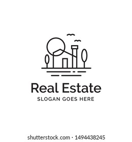 Modern building house with trees, sun and birds line art real estate logo design