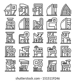 modern building and houses, modern architecture design line icons