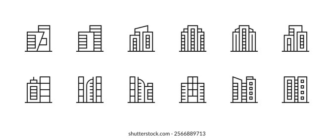 Modern building icon collection. City building, skyscrapers, apartment building, residence, cityscape, skyline and more. Editable stroke. Pixel Perfect. Grid base 32px.