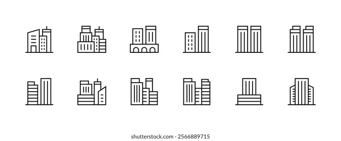 Modern building icon collection. City building, skyscrapers, apartment building, residence, cityscape, skyline and more. Editable stroke. Pixel Perfect. Grid base 32px.