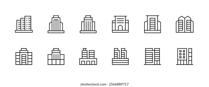 Modern building icon collection. City building, skyscrapers, apartment building, residence, cityscape, skyline and more. Editable stroke. Pixel Perfect. Grid base 32px.