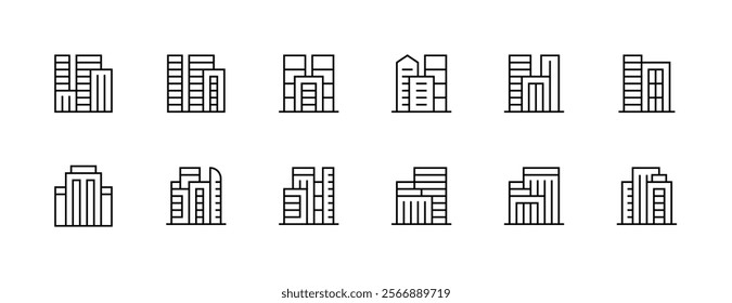 Modern building icon collection. City building, skyscrapers, apartment building, residence, cityscape, skyline and more. Editable stroke. Pixel Perfect. Grid base 32px.