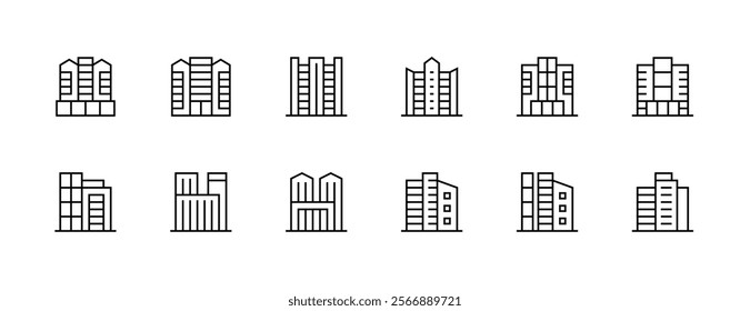 Modern building icon collection. City building, skyscrapers, apartment building, residence, cityscape, skyline and more. Editable stroke. Pixel Perfect. Grid base 32px.