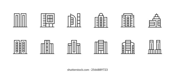 Modern building icon collection. City building, skyscrapers, apartment building, residence, cityscape, skyline and more. Editable stroke. Pixel Perfect. Grid base 32px.