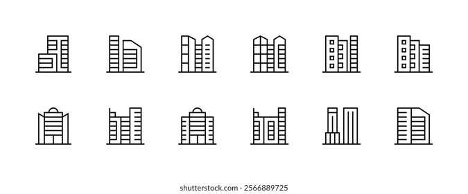 Modern building icon collection. City building, skyscrapers, apartment building, residence, cityscape, skyline and more. Editable stroke. Pixel Perfect. Grid base 32px.