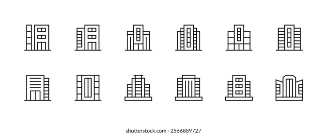 Modern building icon collection. City building, skyscrapers, apartment building, residence, cityscape, skyline and more. Editable stroke. Pixel Perfect. Grid base 32px.