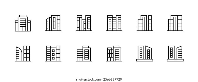 Modern building icon collection. City building, skyscrapers, apartment building, residence, cityscape, skyline and more. Editable stroke. Pixel Perfect. Grid base 32px.