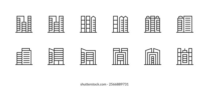 Modern building icon collection. City building, skyscrapers, apartment building, residence, cityscape, skyline and more. Editable stroke. Pixel Perfect. Grid base 32px.