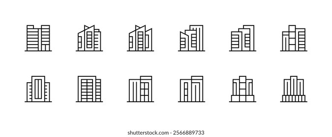 Modern building icon collection. City building, skyscrapers, apartment building, residence, cityscape, skyline and more. Editable stroke. Pixel Perfect. Grid base 32px.