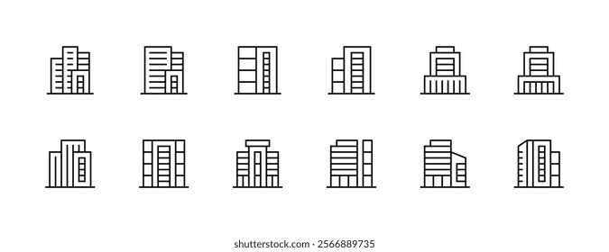 Modern building icon collection. City building, skyscrapers, apartment building, residence, cityscape, skyline and more. Editable stroke. Pixel Perfect. Grid base 32px.