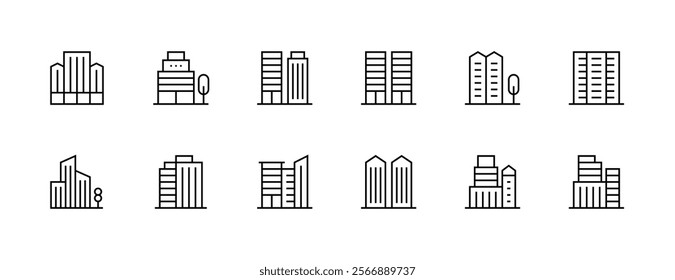 Modern building icon collection. City building, skyscrapers, apartment building, residence, cityscape, skyline and more. Editable stroke. Pixel Perfect. Grid base 32px.