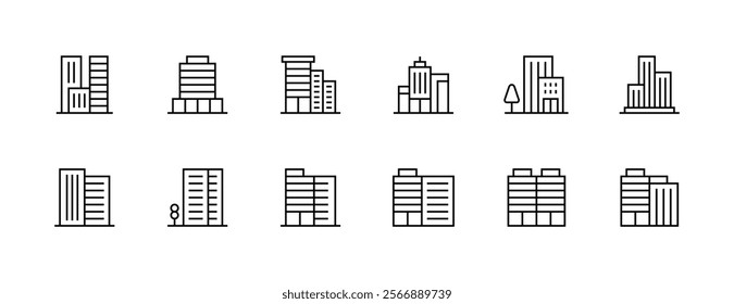 Modern building icon collection. City building, skyscrapers, apartment building, residence, cityscape, skyline and more. Editable stroke. Pixel Perfect. Grid base 32px.