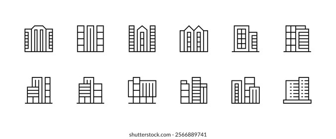 Modern building icon collection. City building, skyscrapers, apartment building, residence, cityscape, skyline and more. Editable stroke. Pixel Perfect. Grid base 32px.