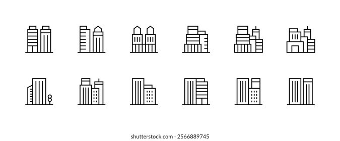 Modern building icon collection. City building, skyscrapers, apartment building, residence, cityscape, skyline and more. Editable stroke. Pixel Perfect. Grid base 32px.