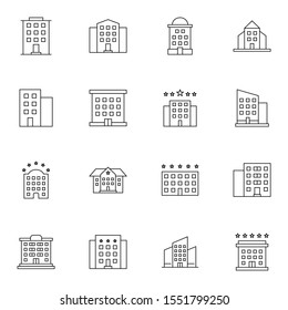 modern building icon set. creative hotel, apartment, construction thin outline icons sign, vector illustration.