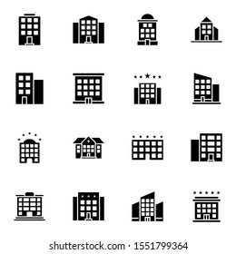 modern building icon set. creative hotel, apartment, construction solid icons sign, vector illustration.