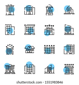 modern building icon set. creative hotel, apartment, construction colored outline icons sign, vector illustration.