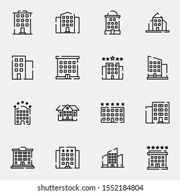 modern building icon set. creative hotel, apartment, construction outline icons sign, vector illustration.