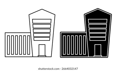 Conjunto de iconos de edificio moderno con estilos de contorno y silueta. Vector gráfico de una estructura arquitectónica contemporánea para negocios o bienes raíces.