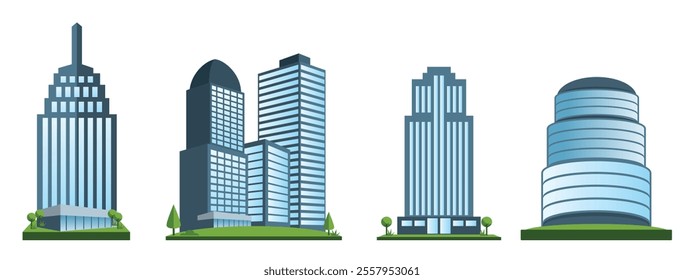 Modern Building Illustration Set featuring various architectural designs. 