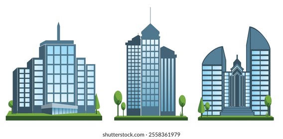 Modern Building Illustration Set featuring various architectural designs. 