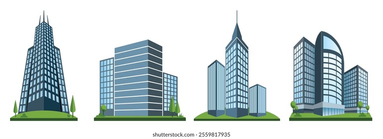 Modern Building Illustration Set featuring various architectural designs. 