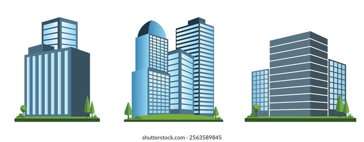 Modern Building Illustration Set featuring various architectural designs. 