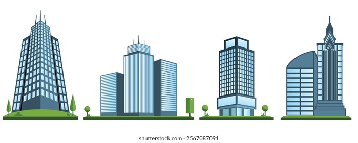 Modern Building Illustration Set featuring various architectural designs. 