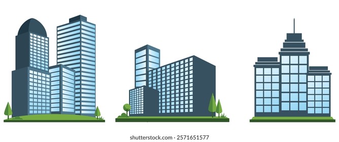 Modern Building Illustration Set featuring various architectural designs. 