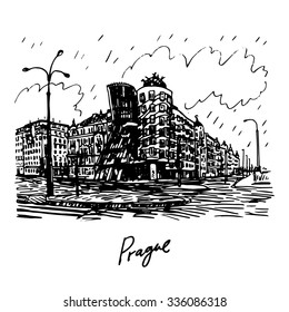 Modern building, also known as the Dancing House. Prague, Czech Republic. Vector hand drawn sketch.