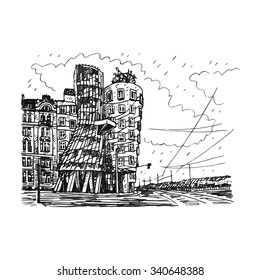 Modern building, also known as the Dancing House. Prague, Czech Republic. Vector hand drawn sketch.