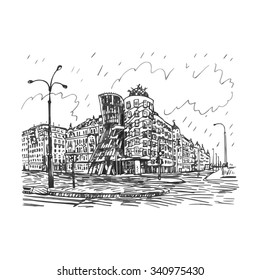 Modern building, also known as the Dancing House. Prague, Czech Republic. Vector hand drawn sketch.