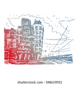 Modern building, also known as the Dancing House. Prague, Czech Republic. Vector hand drawn sketch.