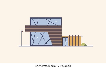 Modern building with large windows, glass door and wooden facade. House built using natural materials. Sustainable urbanism, architecture and ecological design. Vector illustration in flat style.