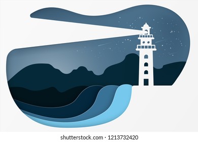 Modern building lighthouse. night seascape concept. Paper art style. business concept.