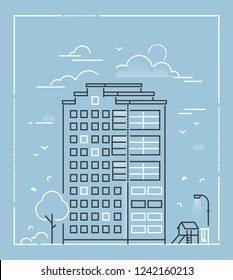 Modern building - line design style vector illustration on blue background. High quality composition with skyscraper, apartment house, slide, swing, lantern. City architecture concept