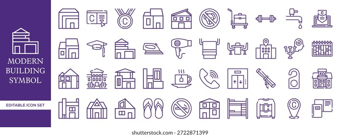 Conjunto de iconos de línea de edificio moderno con Colección de símbolos de Vector editables de bienes raíces, arquitectura, construcción y propiedad