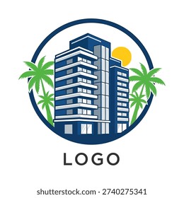 Modern building logo with palm trees and sun in a circular frame. Vector