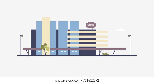 Modern building of megastore or shopping center built in contemporary architectural style. Facade of big box store, supermarket or outlet shop. Commercial real estate. Flat vector illustration.